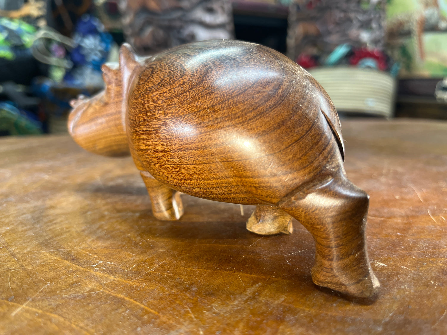 Small Hand Carved Brown Grained Wood Hippo - Mouth Closed