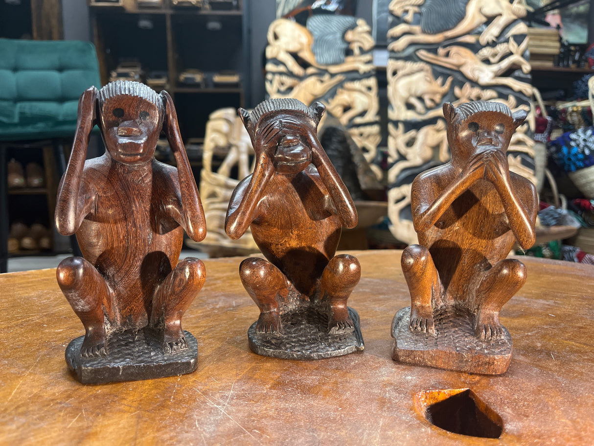 Hear No Evil, See No Evil, Speak No Evil - Hand Carved Wooden 3 Wise Monkeys