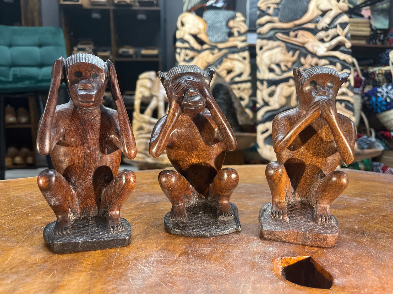 Hear No Evil, See No Evil, Speak No Evil - Hand Carved Wooden 3 Wise Monkeys