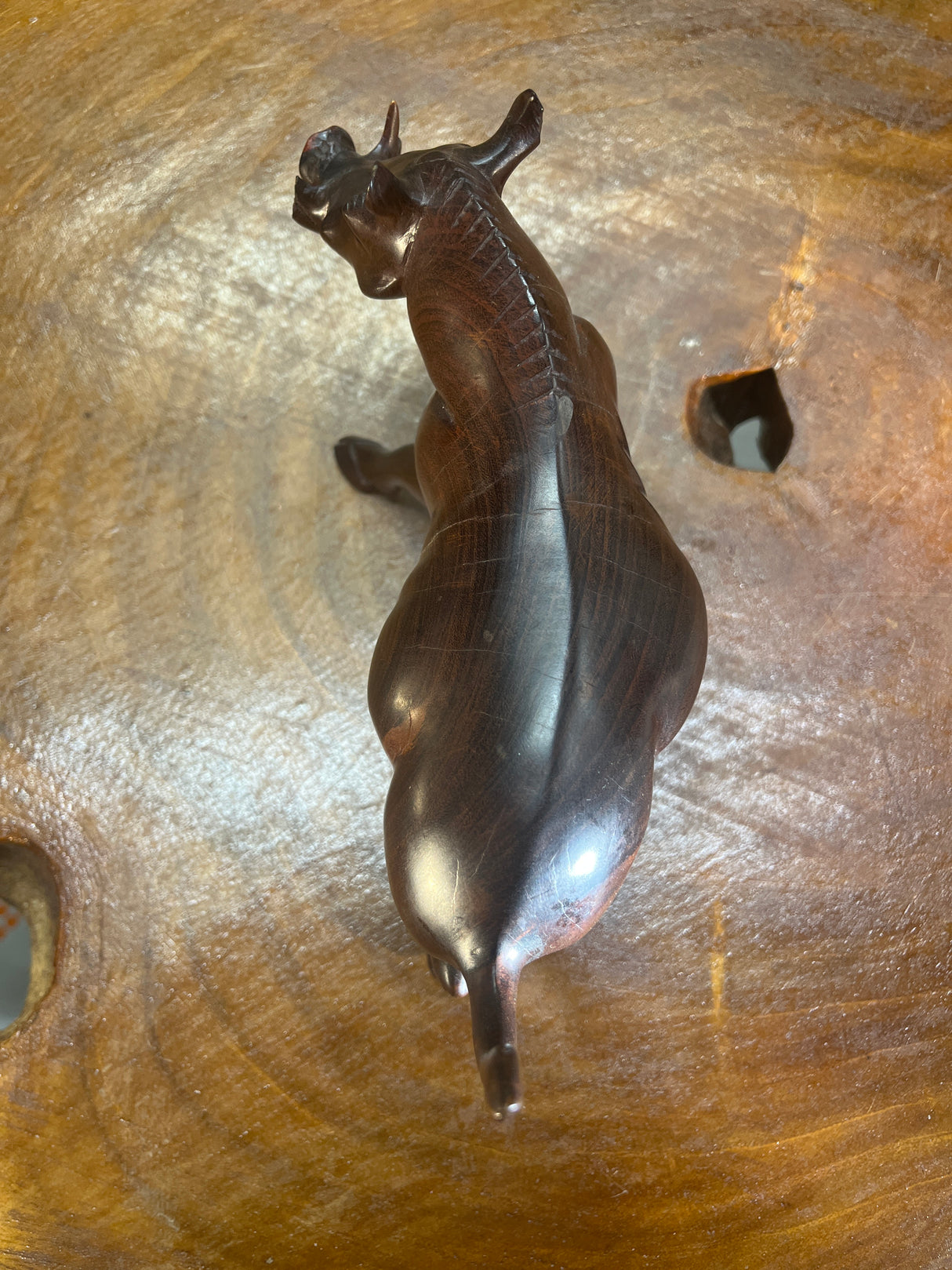 Hand Carved Dark Brown Wooden Warthog With Horns