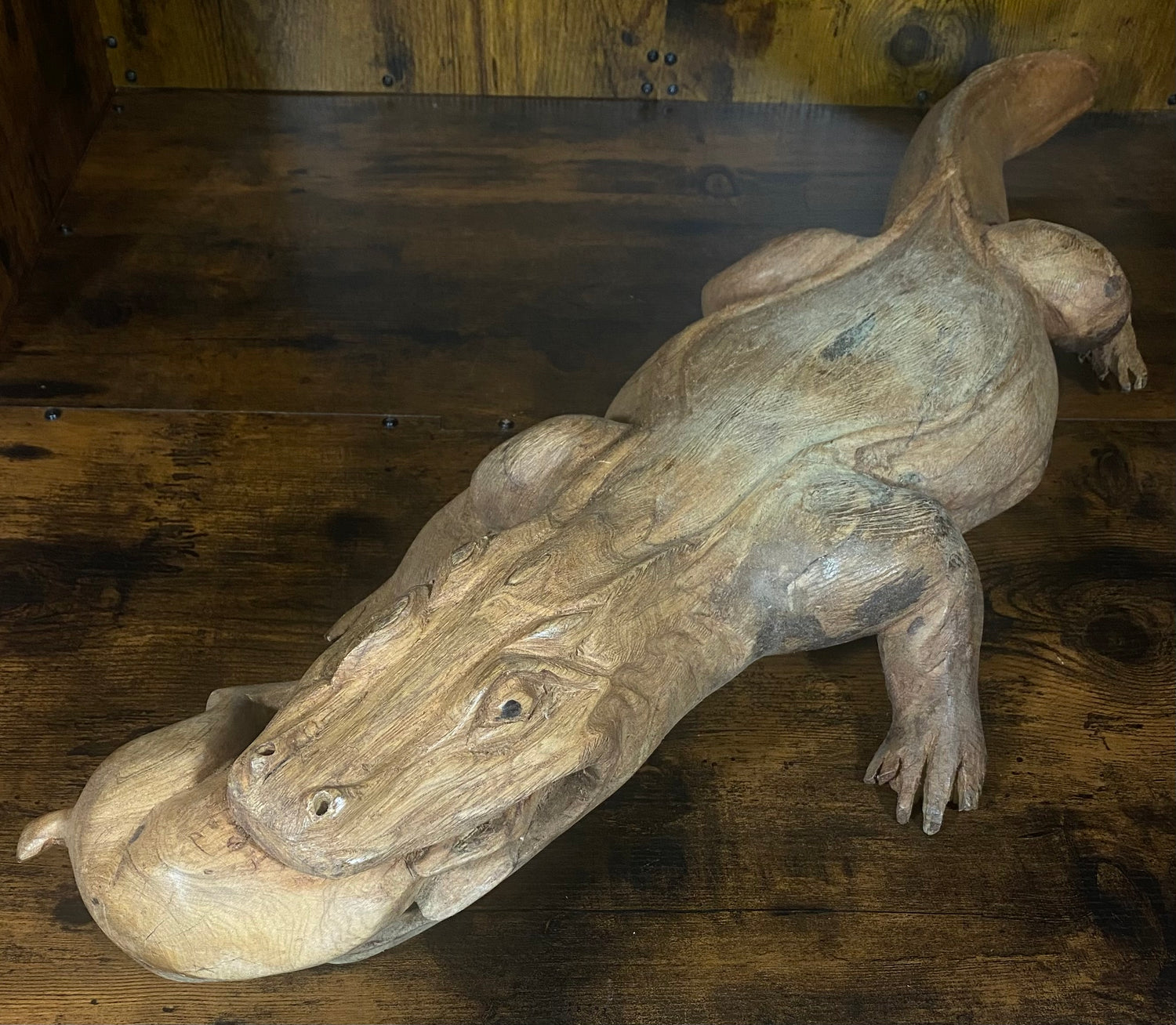 Hand Carved Mahogany Komodo Eating Prey