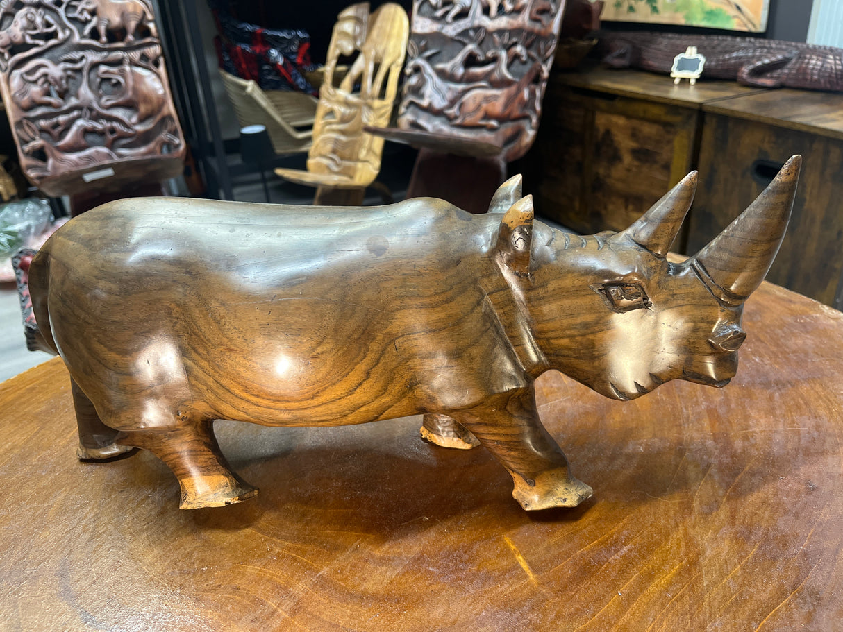Hand carved Wooden Standing Rhino Curio (Light Brown)
