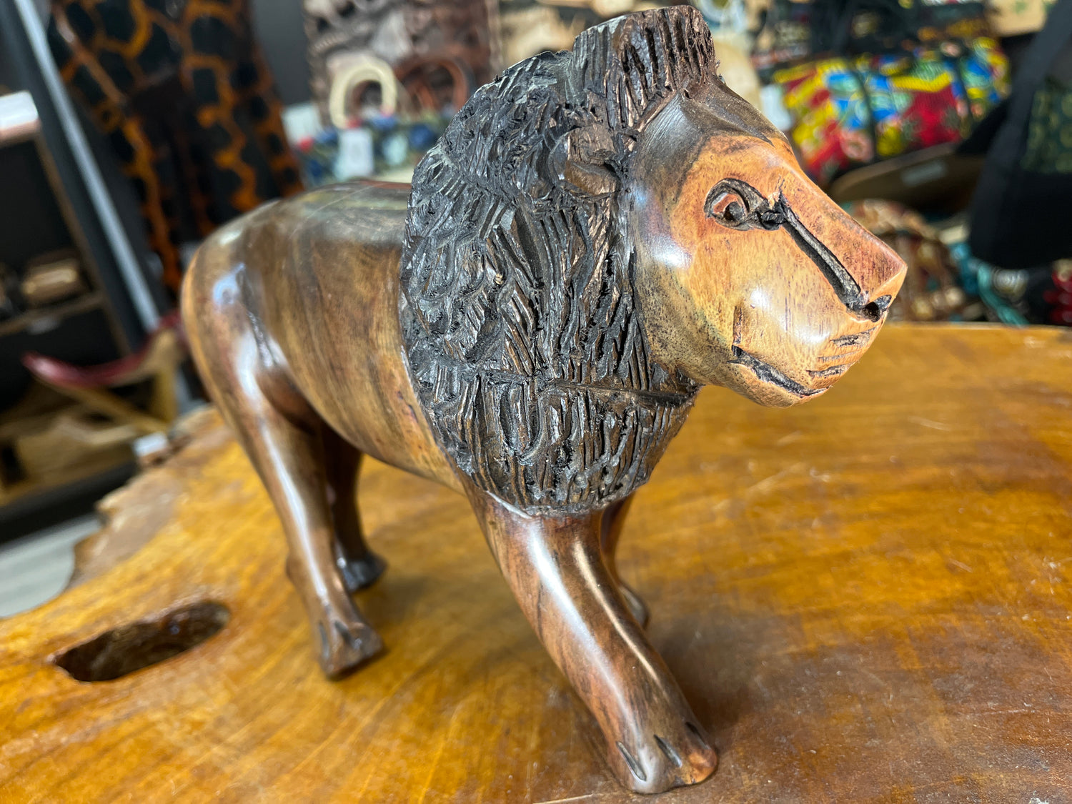 Hand Carved Wooden Large Bold Lion With Stunning Graining on the Face and Throughout
