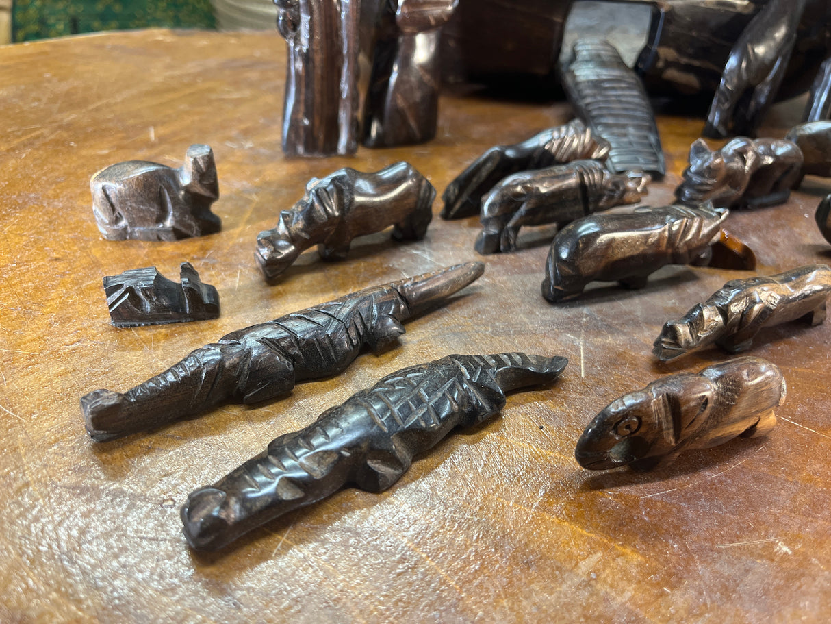 Hand Carved Ebony Noah’s Ark With Animals and Noah and Spouse