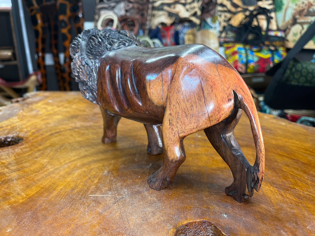 Hand Carved Wooden Reddish Brown Growling Lion