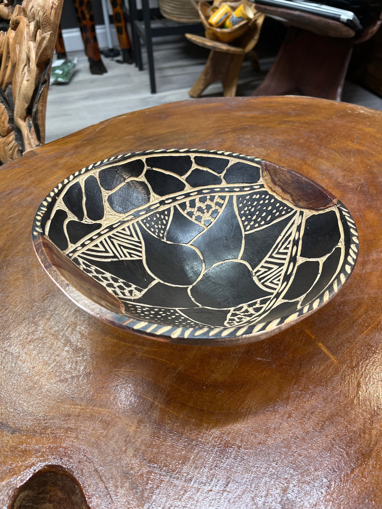 Hand carved Large Wooden Bowl Black Flower Design