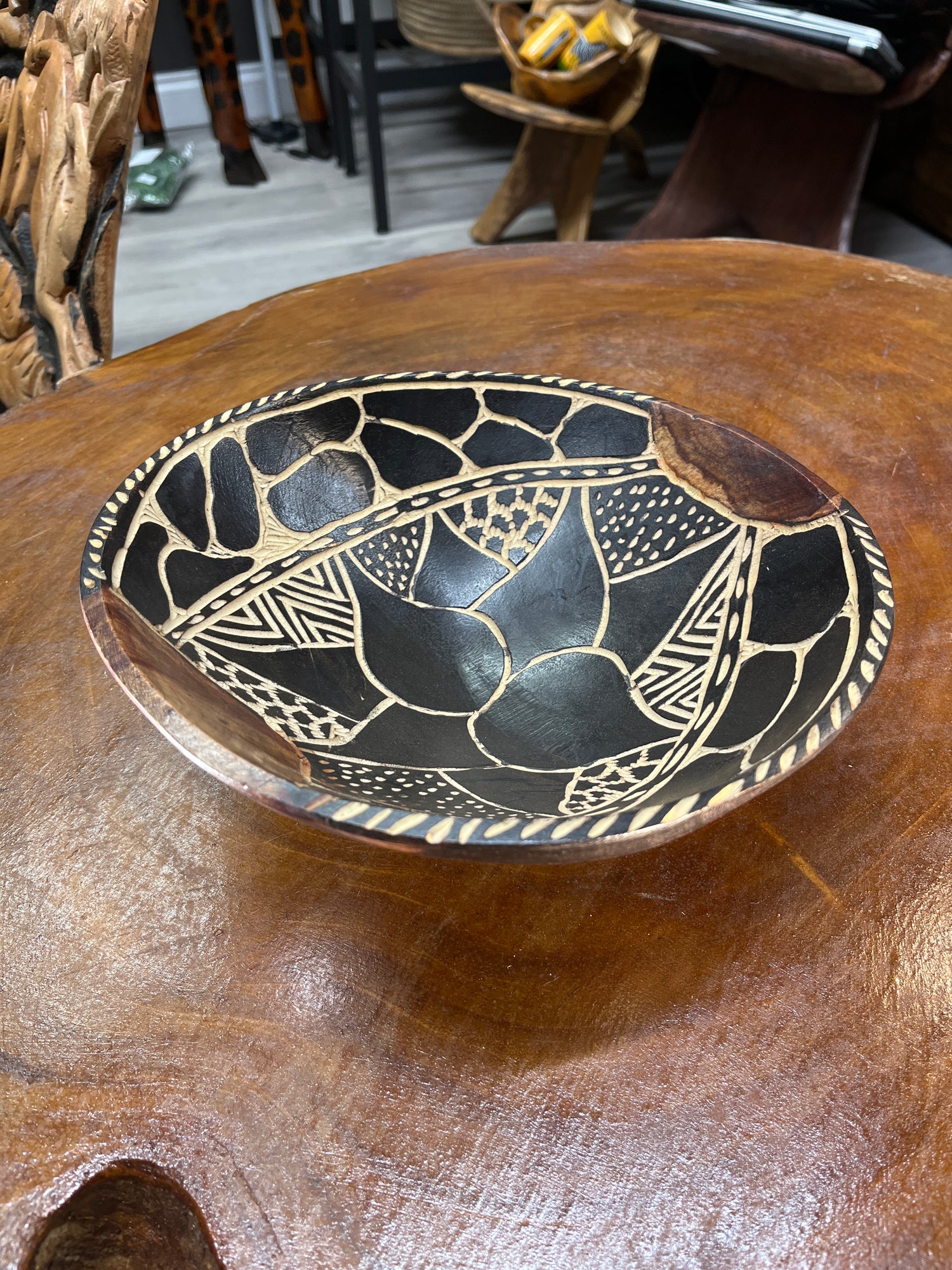 Hand carved Large Wooden Bowl Black Flower Design