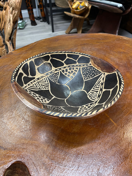 Hand carved Large Wooden Bowl Black Flower Design