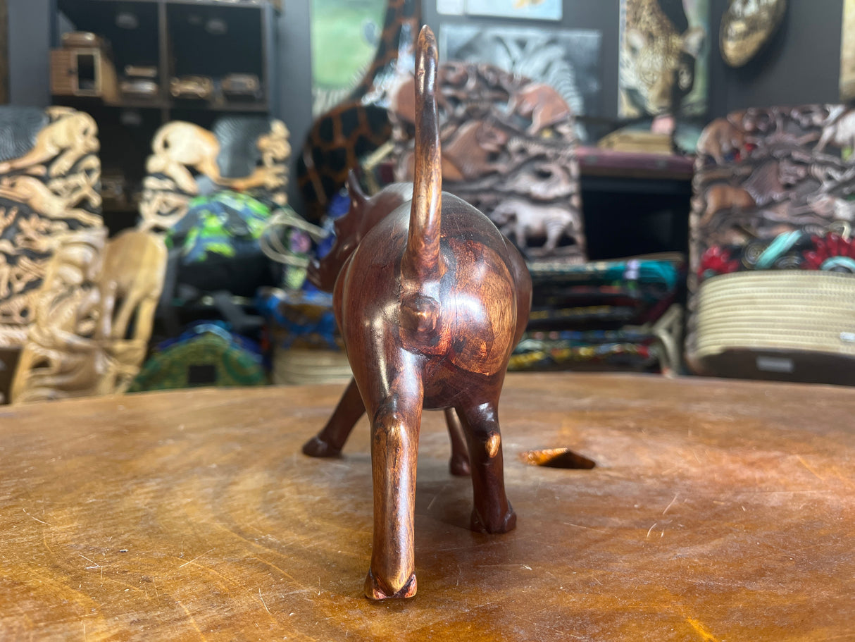 Hand Carved Dark Brown Wooden Warthog With Horns