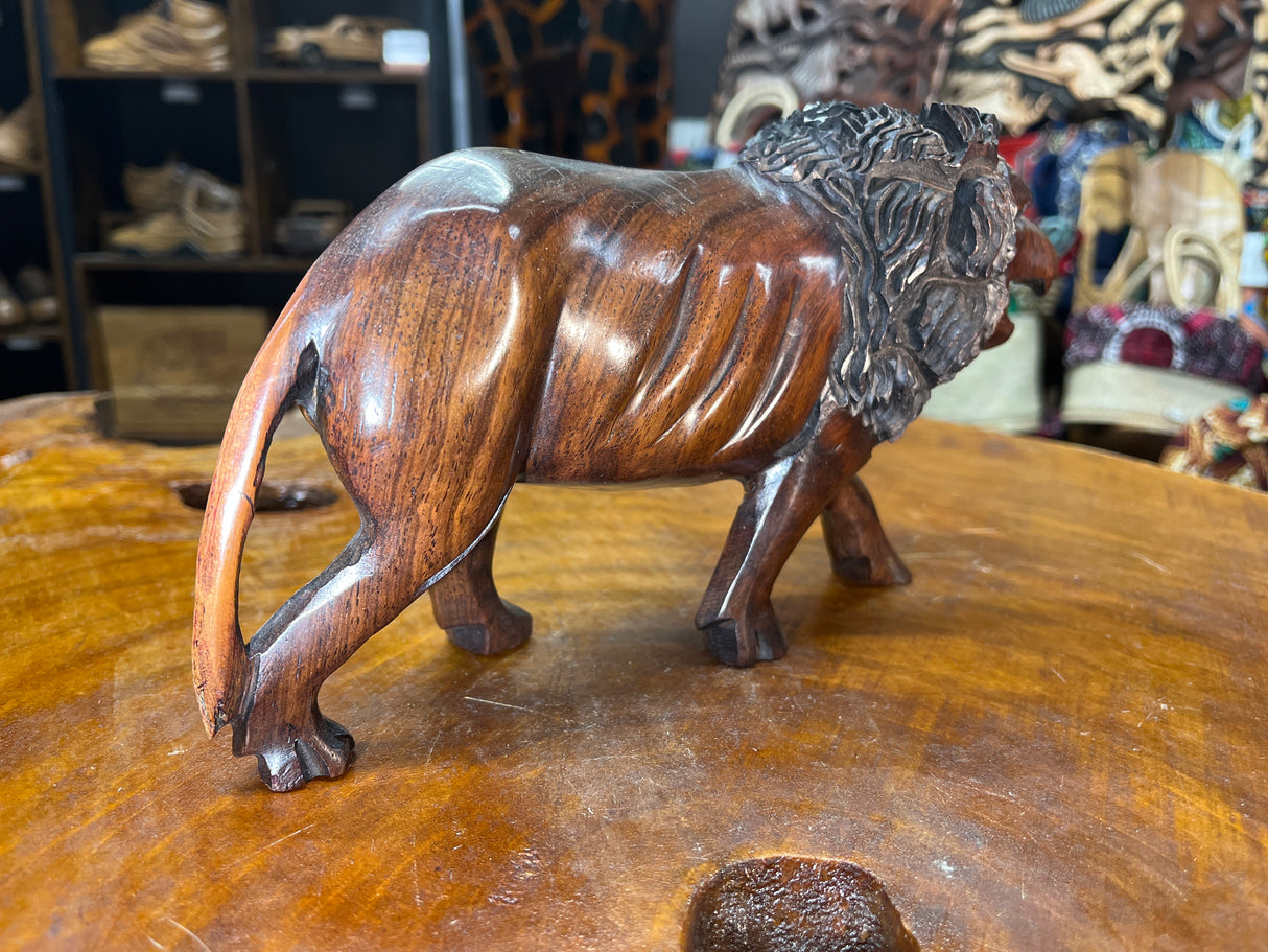 Hand Carved Wooden Reddish Brown Growling Lion