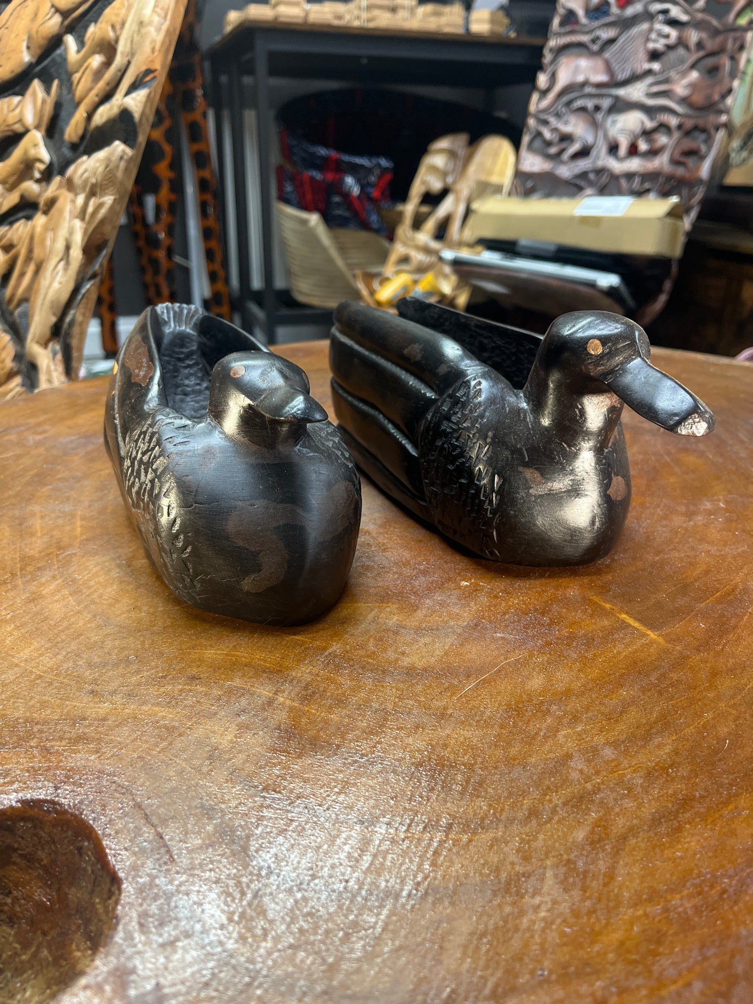 Handmade Ebony Pair of Ducks Decorative and Useful Storage Ornament