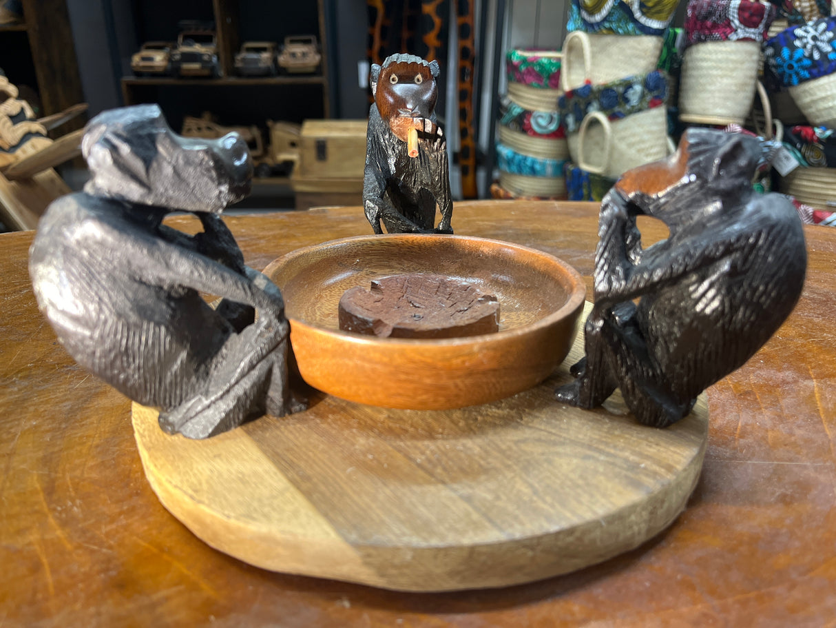 Not so Wise 3 Smoking Monkeys Ash Tray - Handmade Ebony Monkeys