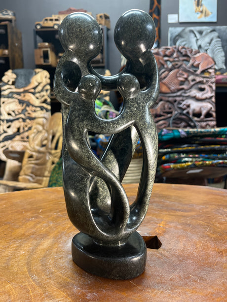 Hand Carved Stunning Green Stone Abstract Sculpture - Parents and Two Children (Dark - Wide)