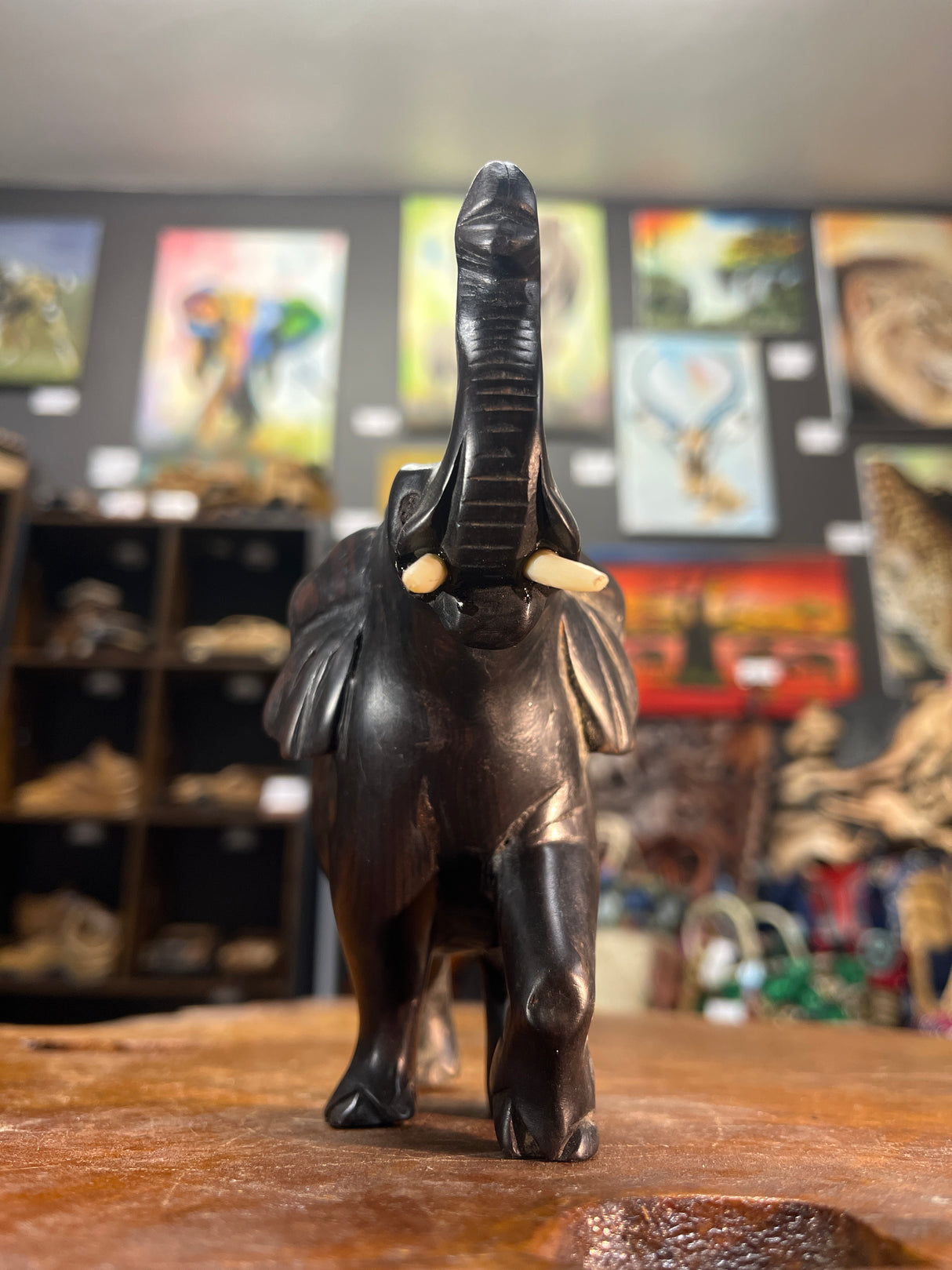 Hand Carved Ebony Elephant Striking Pose