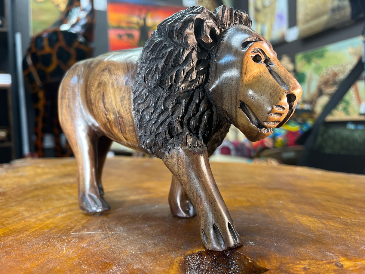 Hand Carved Wooden Lion Fresh Faced with An Intricate Mane