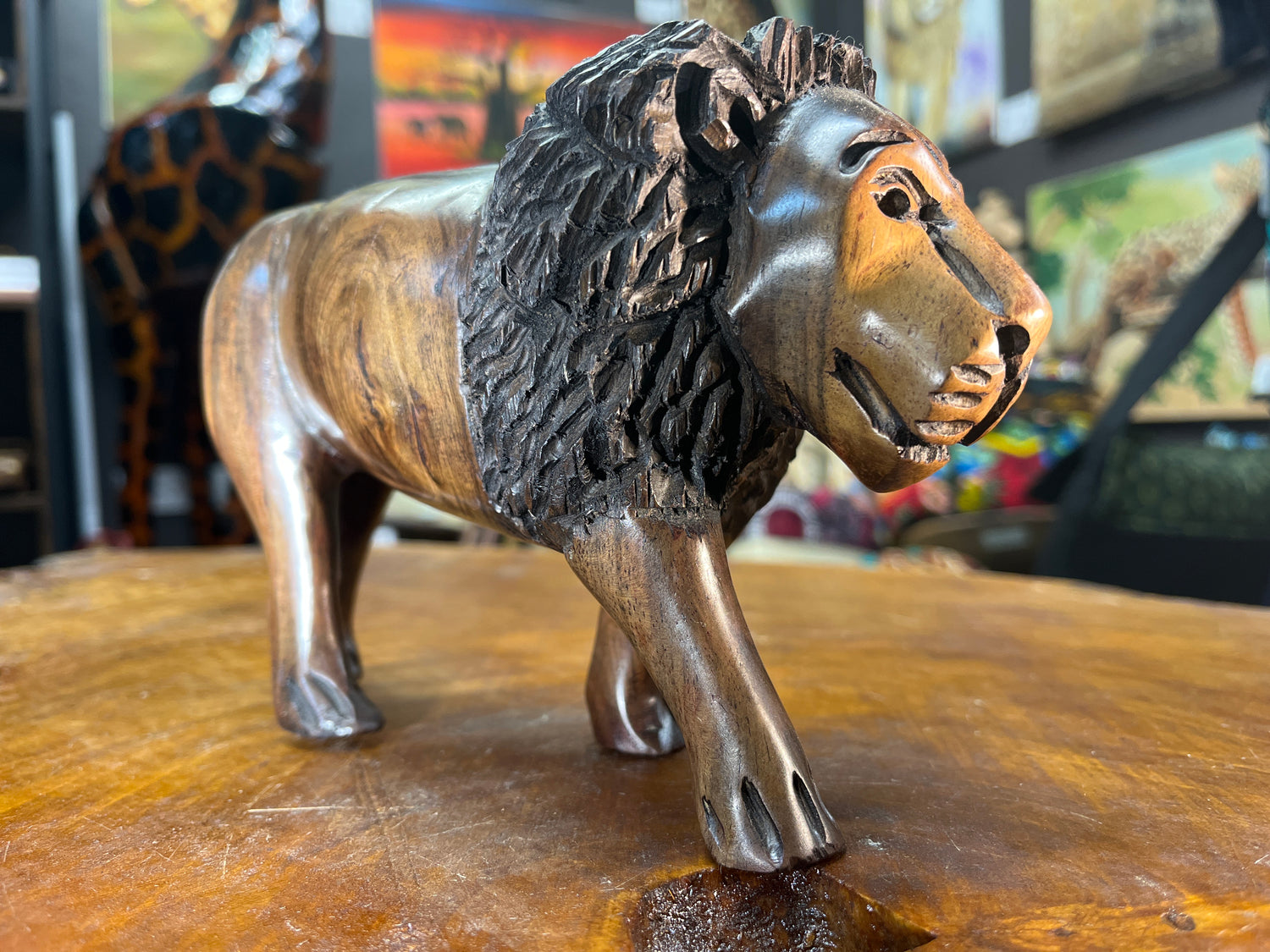 Hand Carved Wooden Lion Fresh Faced with An Intricate Mane