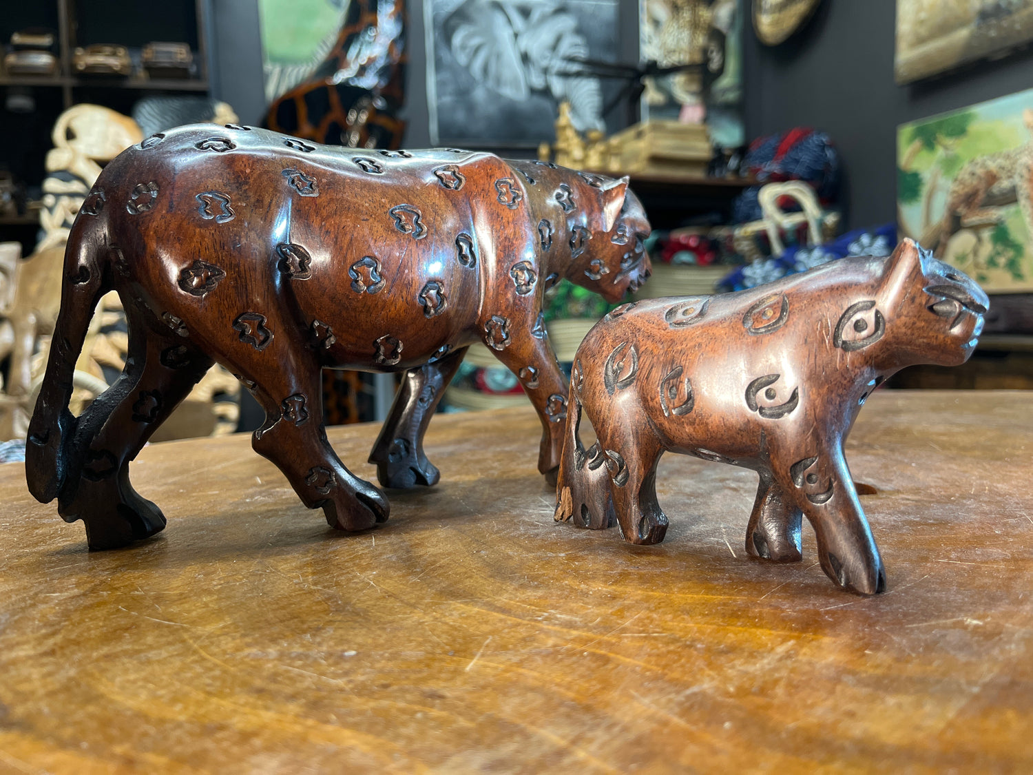 Hand Carved Ebony Wood Mother and Baby Leopard
