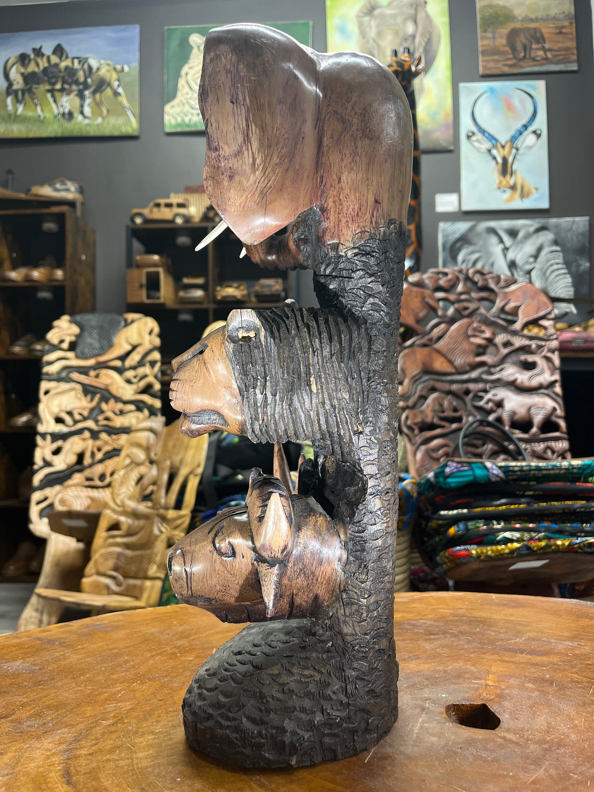 Hand Carved ‘Big 5’ On a Tree Trunk Ornament - Elephant, Leopard, Lion, Rhino, Buffalo