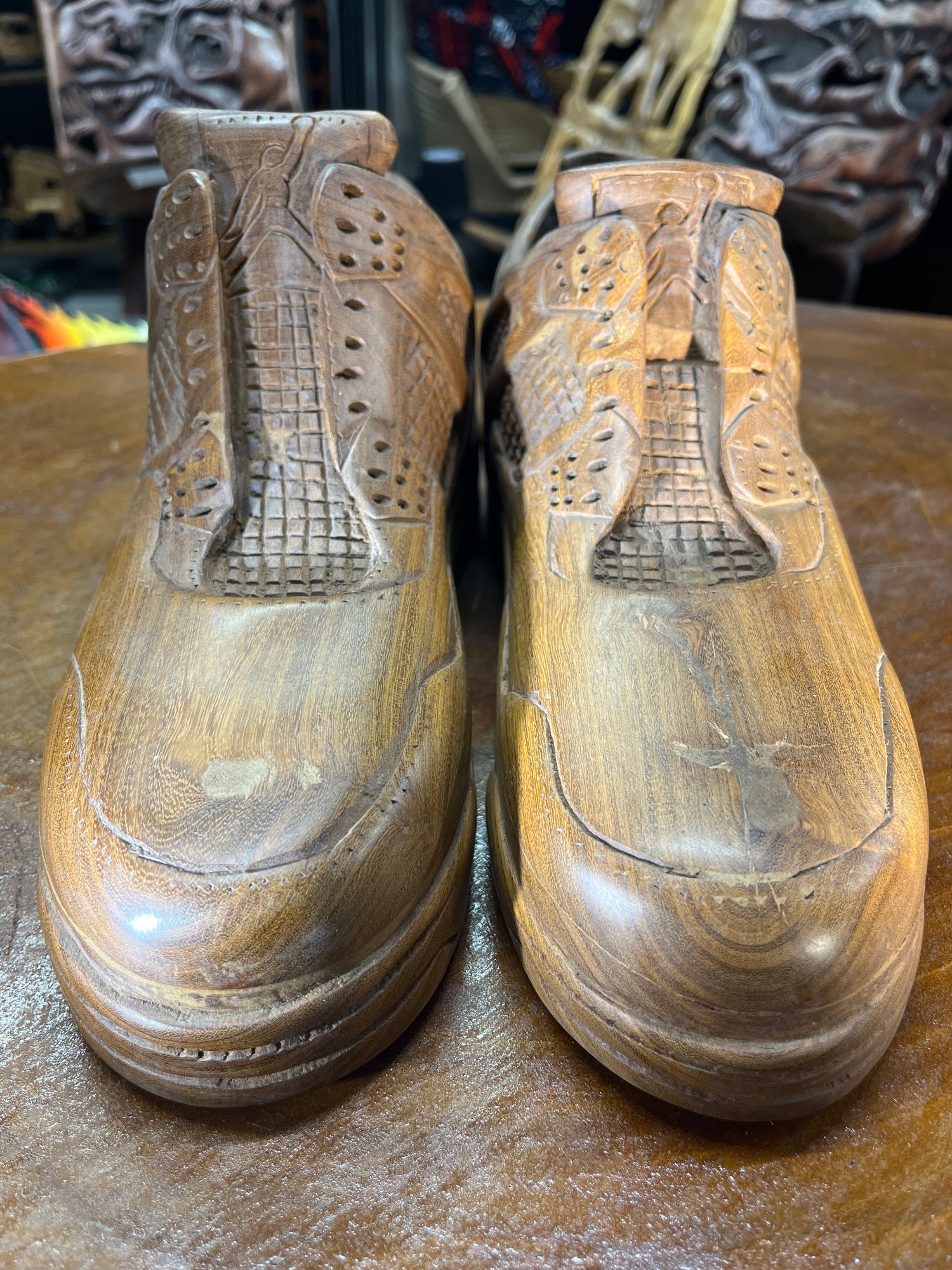 Pair of Jordan 4 V2.1 Hand Carved Mahogany Display Piece