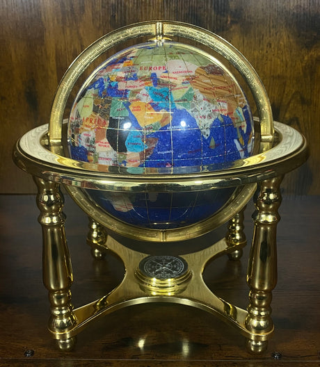 Dark Blue Gemstone Globe With Metallic Brass Cradle - Solid Colour