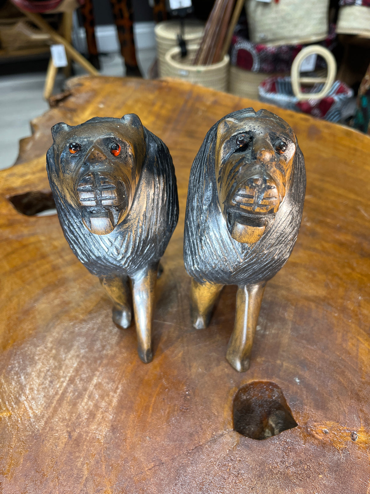 Pair of Scary Red Eyed Lions Looking Right At You Hand Carved With Depth