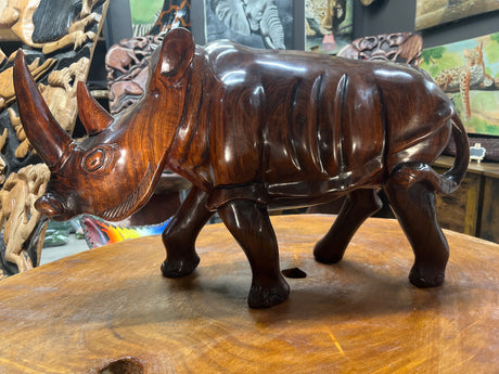 Large and heavy Hand Carved Wooden Standing Rhino Curio (Muscular Look)