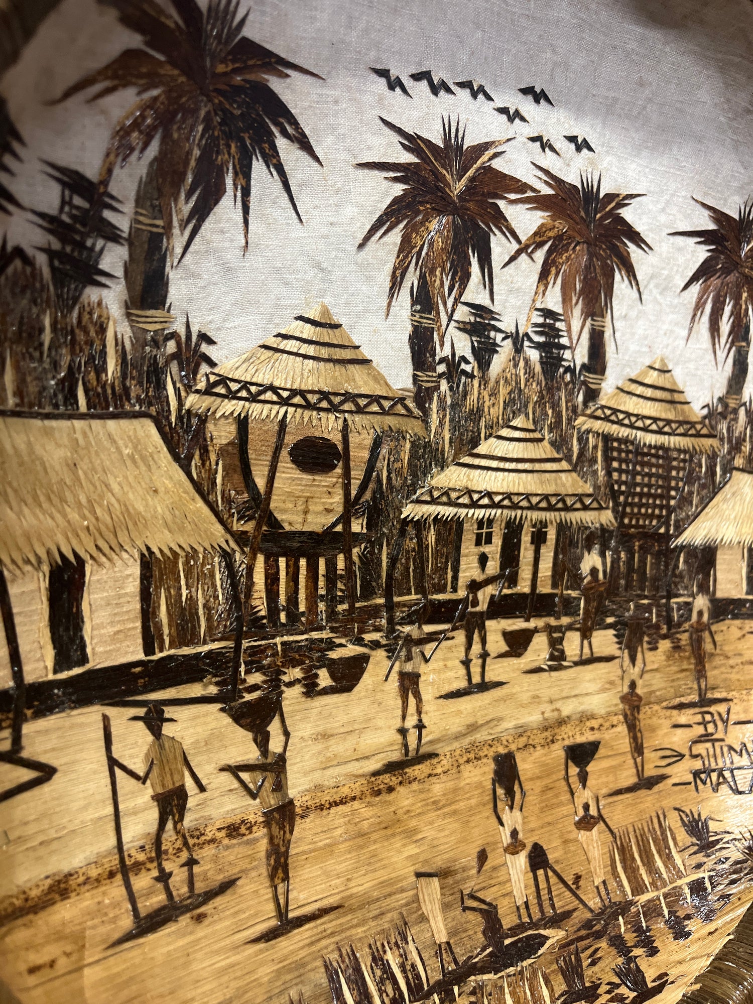 Handmade Wicker, Cloth and Banana leaf Decorative Tray - African Village Scene