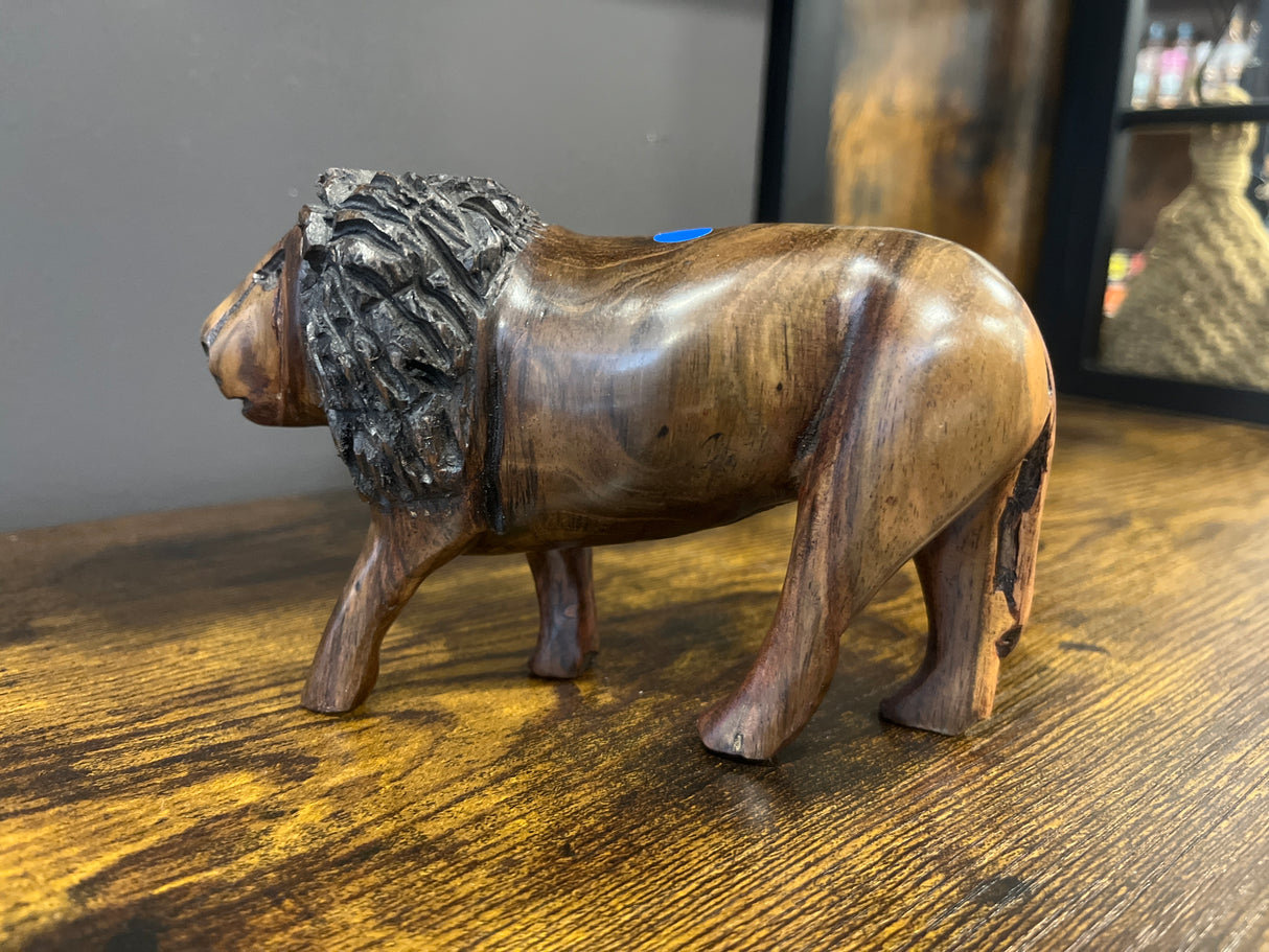 Small Hand Carved Wooden Lion Fresh Faced with An Intricate Mane