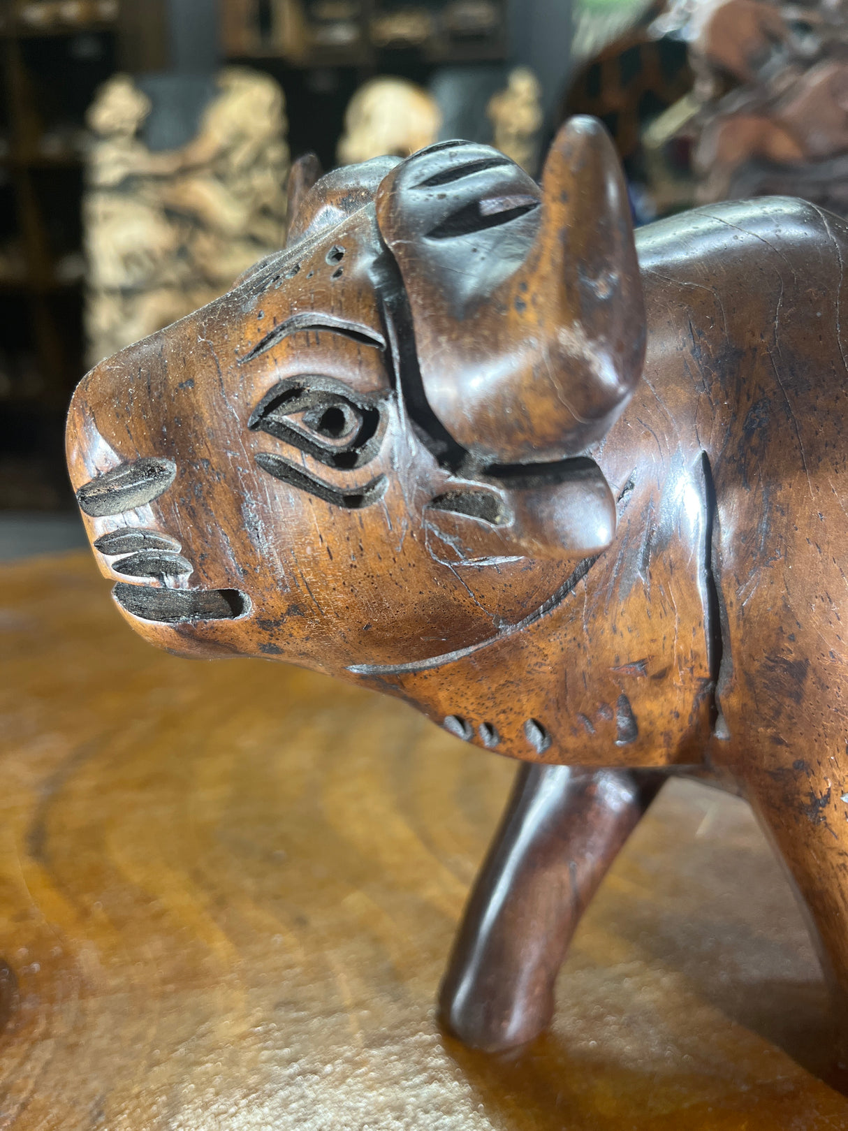 Hand Carved Dark Brown Wooden Buffalo With Horns