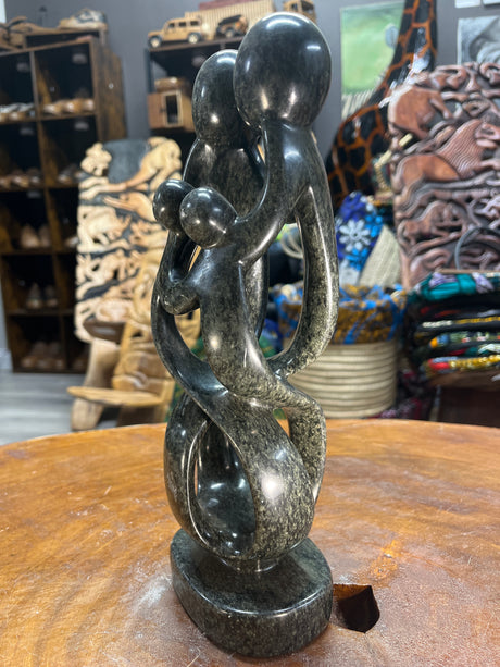 Hand Carved Stunning Green Stone Abstract Sculpture - Parents and Two Children (Slim)