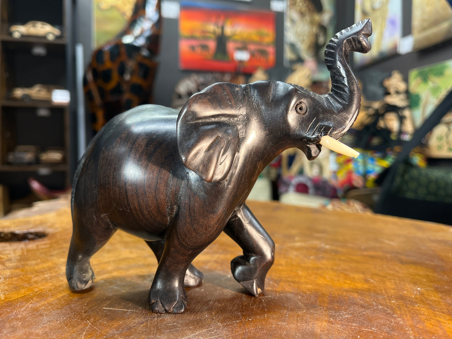 Hand Carved Ebony Elephant Striking Pose