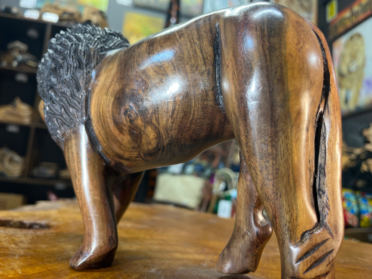 Hand Carved Wooden Large Bold Lion With Stunning Graining on the Face and Throughout