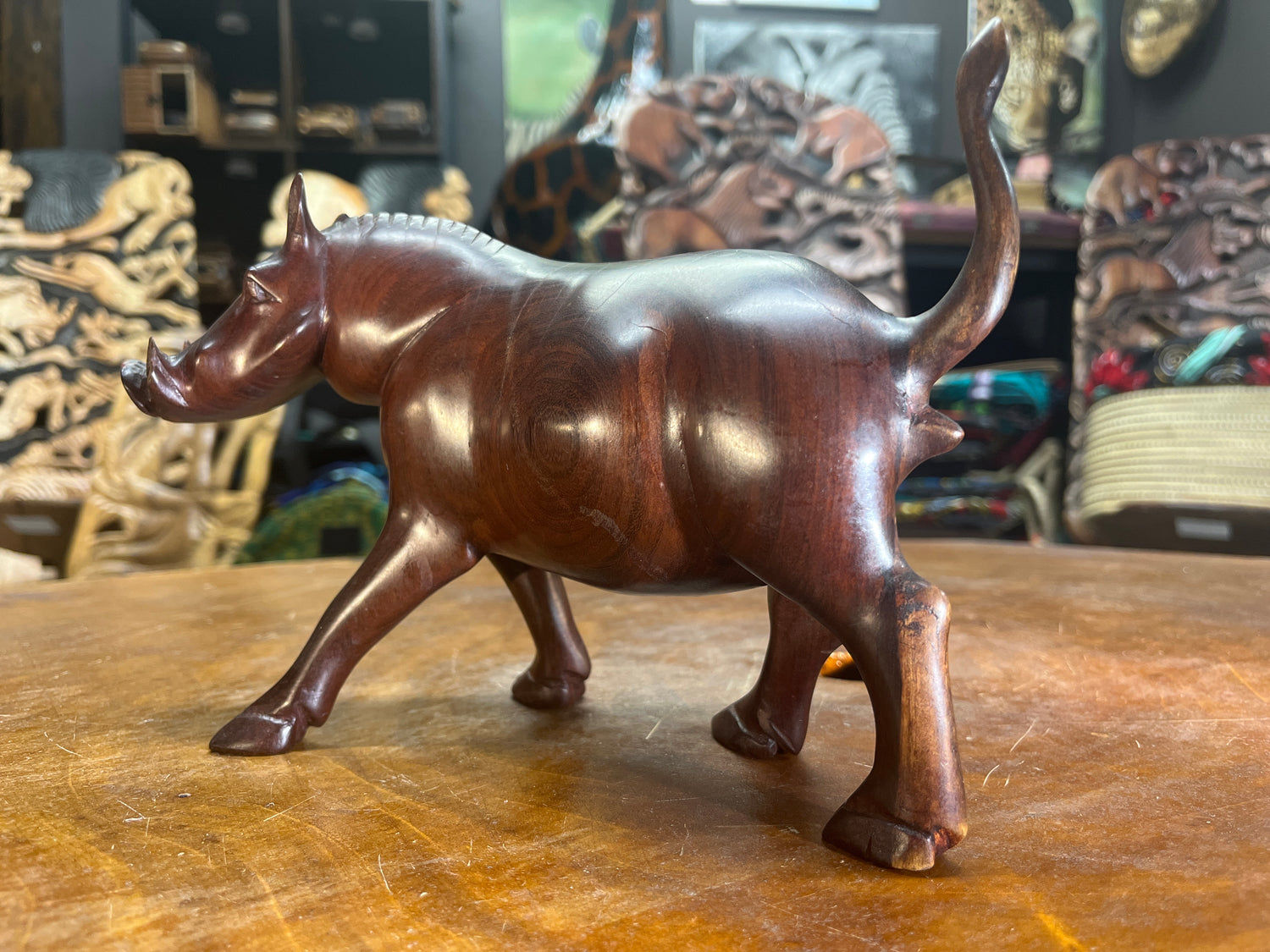 Hand Carved Dark Brown Wooden Warthog With Horns