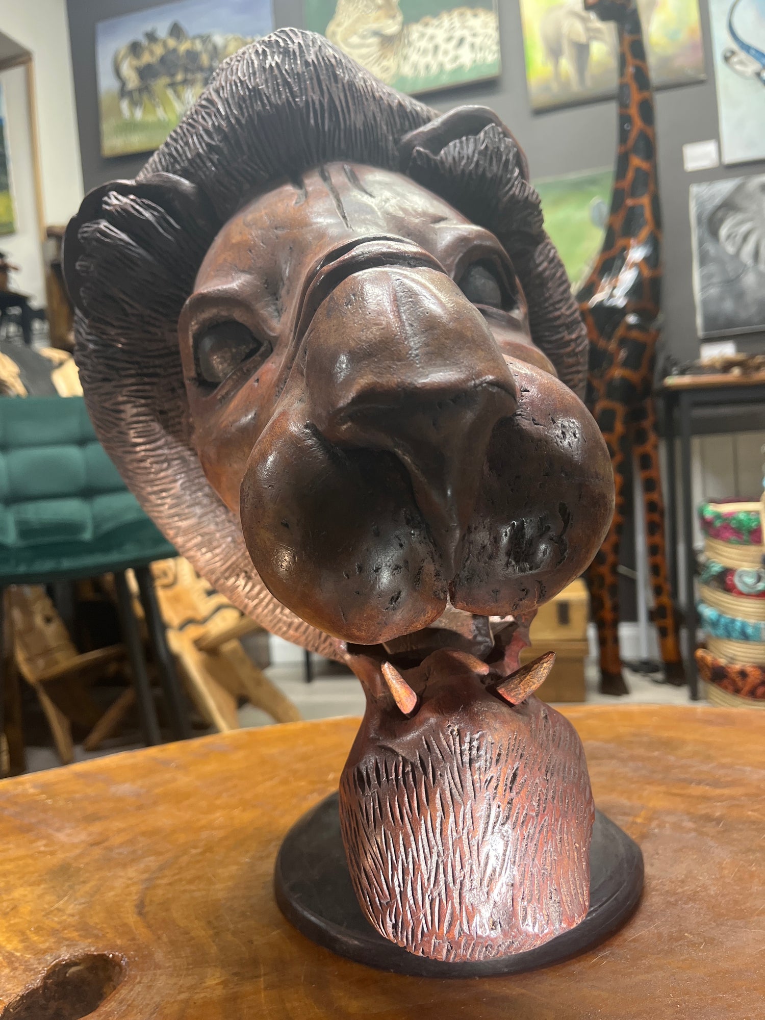 Hand Carved Vintage Rustic And a Bit Scary - Lions Head Wooden Statue Unique Stunning ‘WOW’ Show Piece