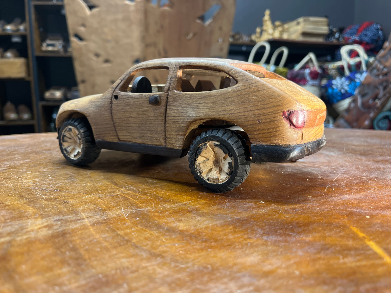 Hand Carved Truck & Trailer Wooden Model With A Car