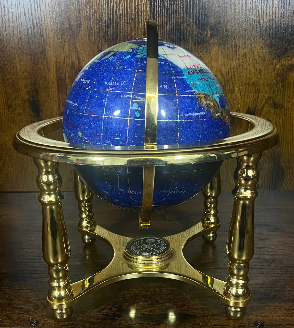 Dark Blue Gemstone Globe With Metallic Brass Cradle - Solid Colour