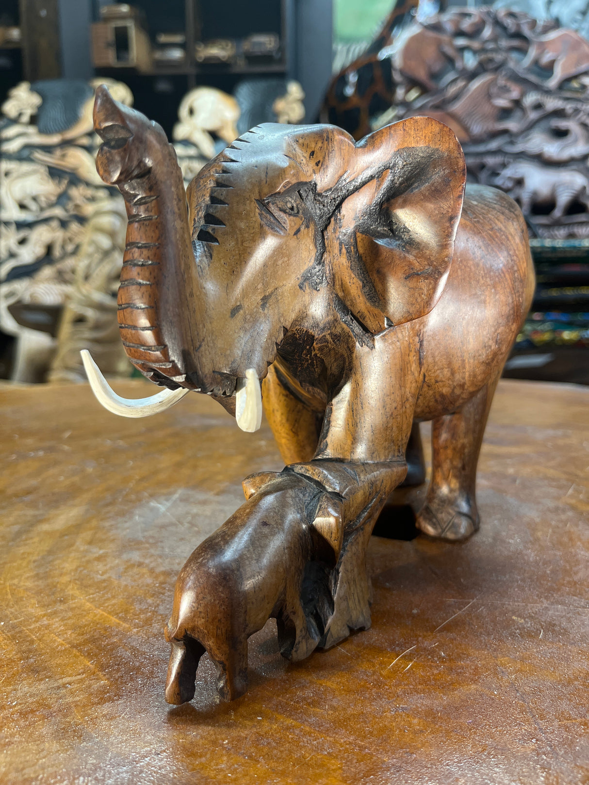 Hand Carved Wooden Elephant and Baby Malawi (Large)
