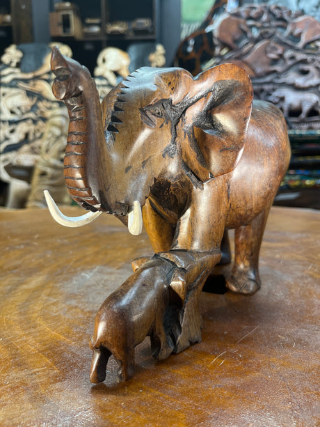 Hand Carved Wooden Elephant and Baby Malawi (Large)