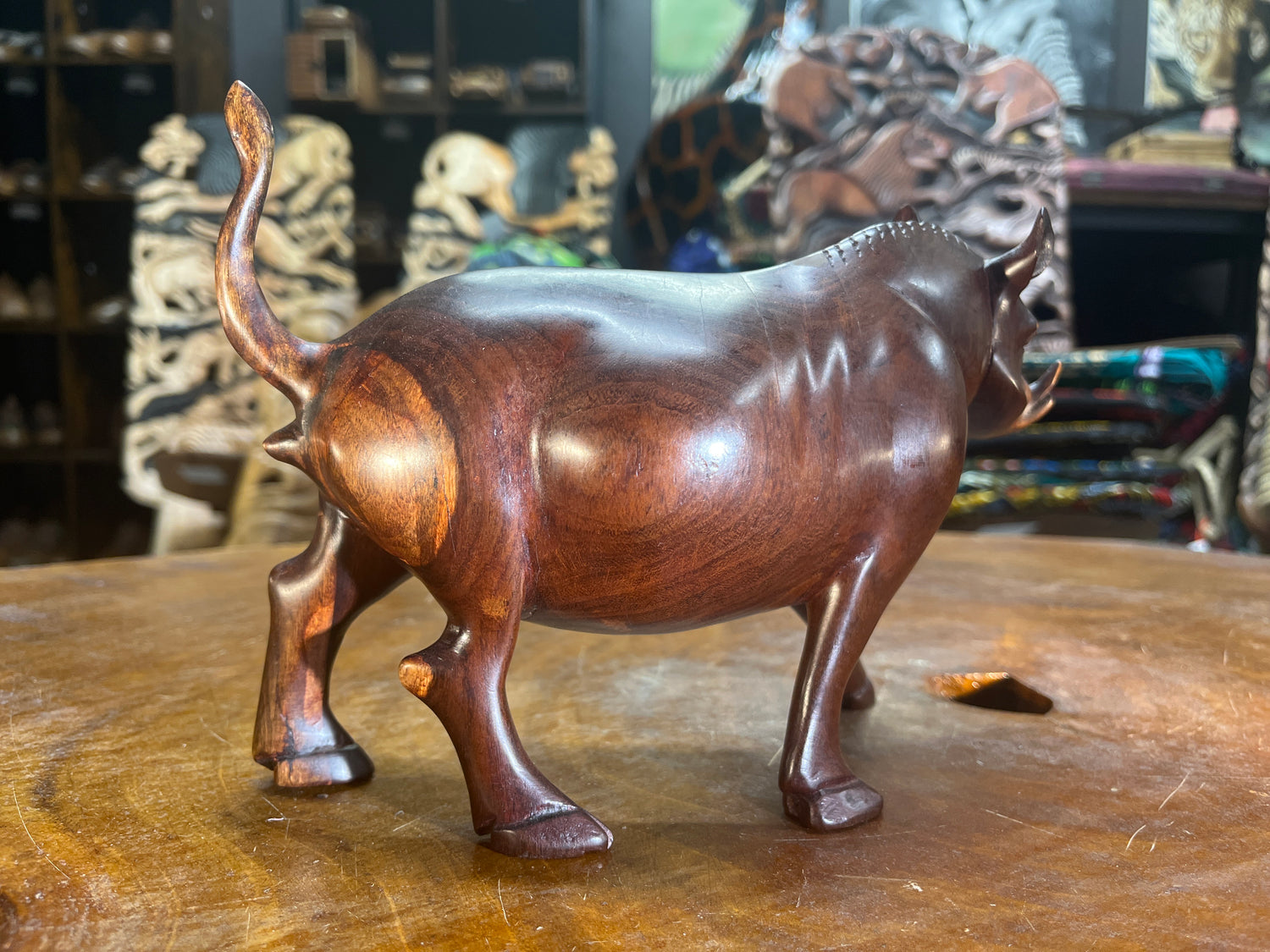 Hand Carved Dark Brown Wooden Warthog With Horns