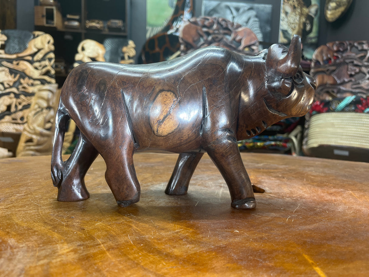 Hand Carved Dark Brown Wooden Buffalo With Horns