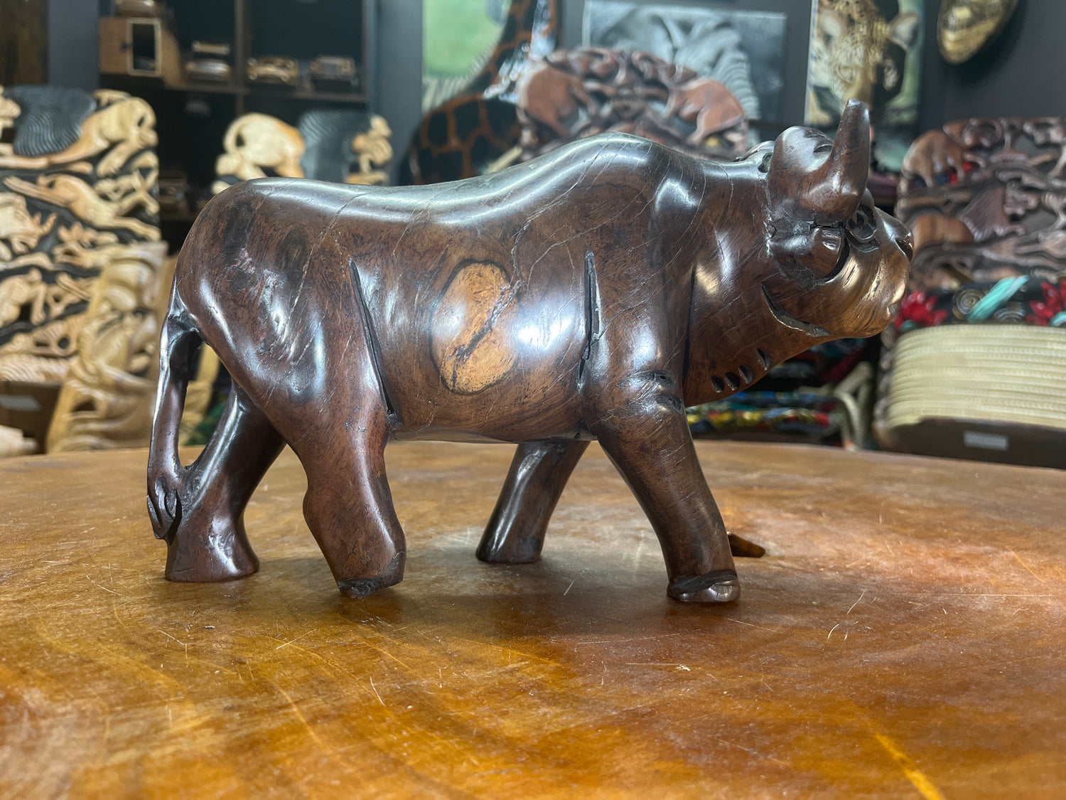 Hand Carved Dark Brown Wooden Buffalo With Horns