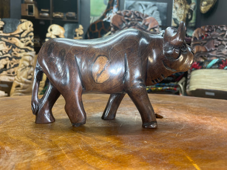 Hand Carved Dark Brown Wooden Buffalo With Horns