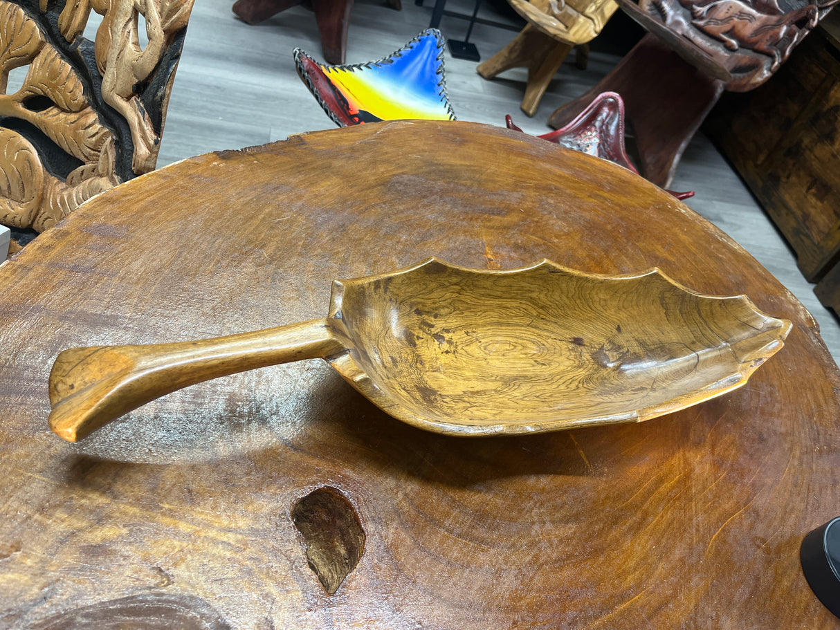 Medium Size Handmade Wooden Leaf Salad and Serving Dish (Long Stem)