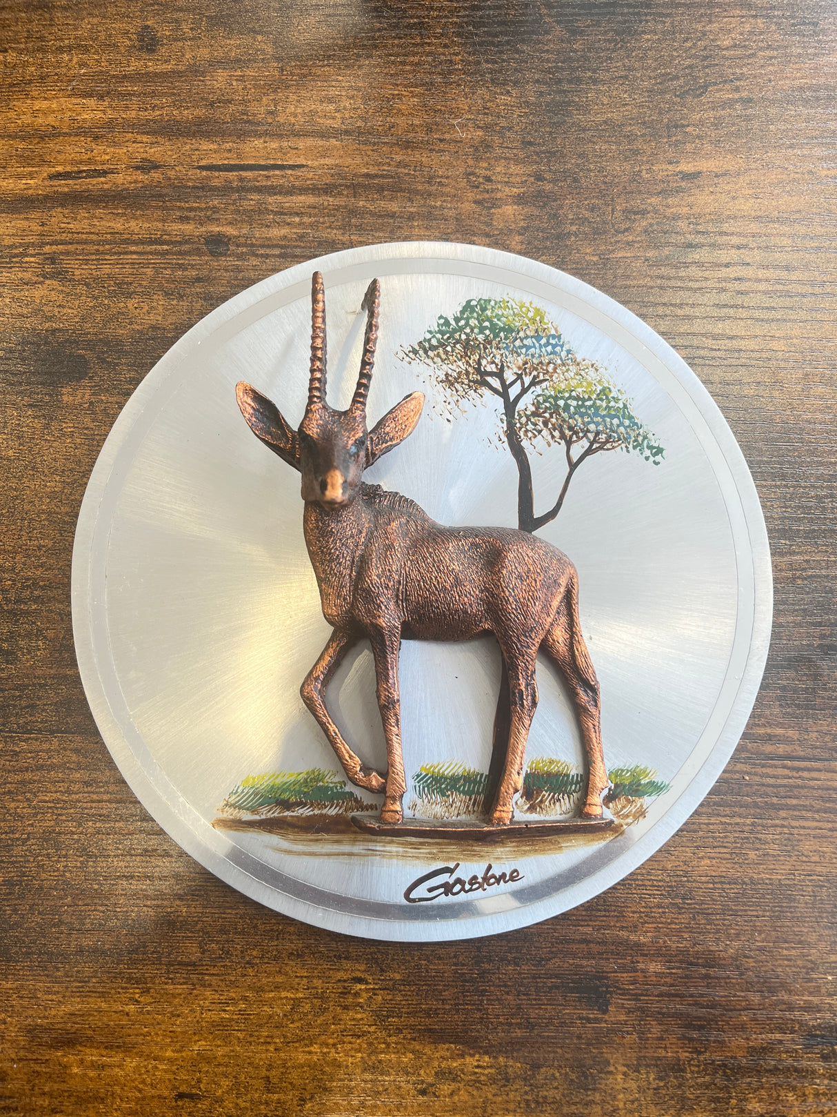 Vintage 3d copper plaque By Gastone - Front Facing Gazelle on Circular Plaque