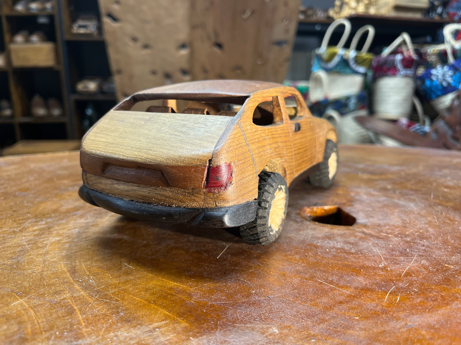 Hand Carved Truck & Trailer Wooden Model With A Car