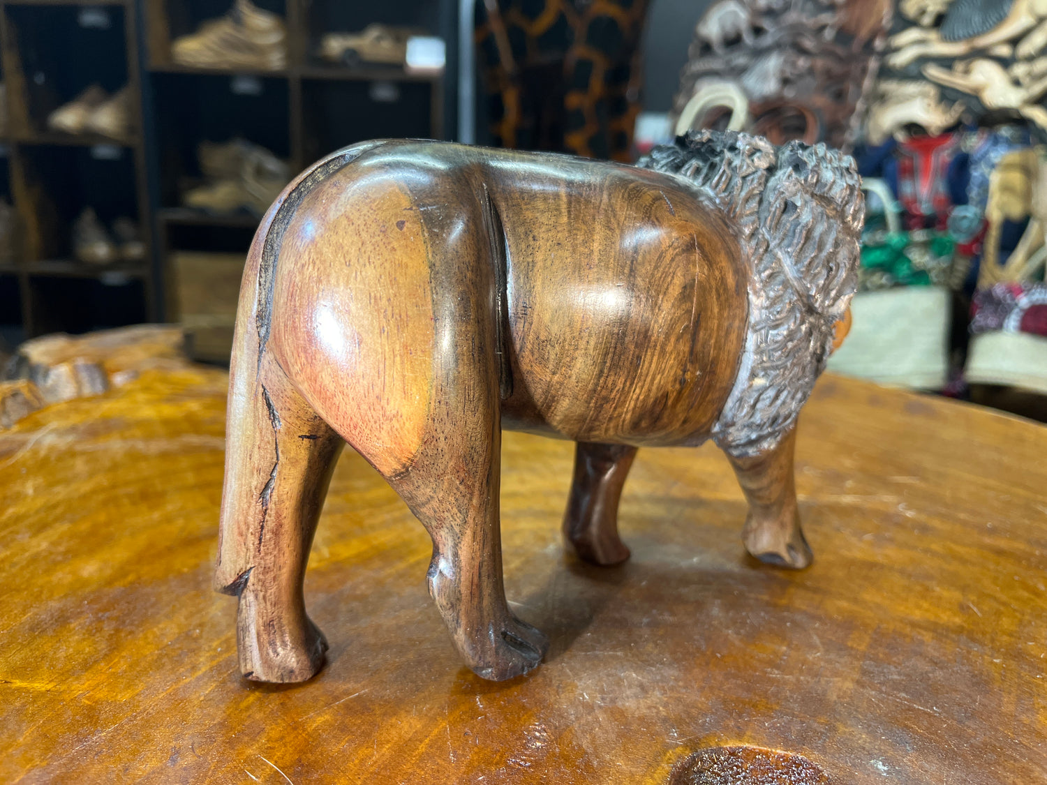Hand Carved Wooden Lion Fresh Faced with An Intricate Mane