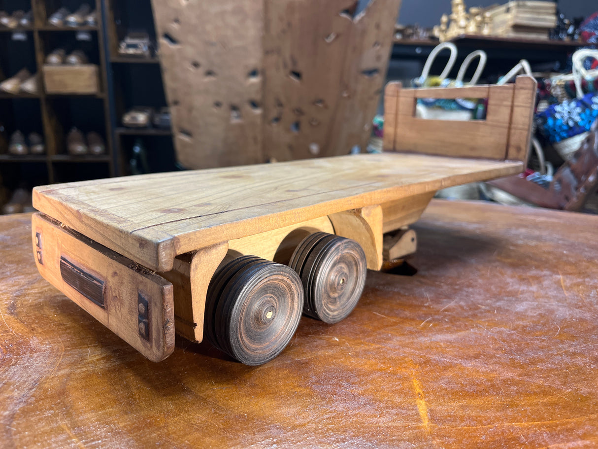 Hand Carved Truck & Trailer Wooden Model With A Car