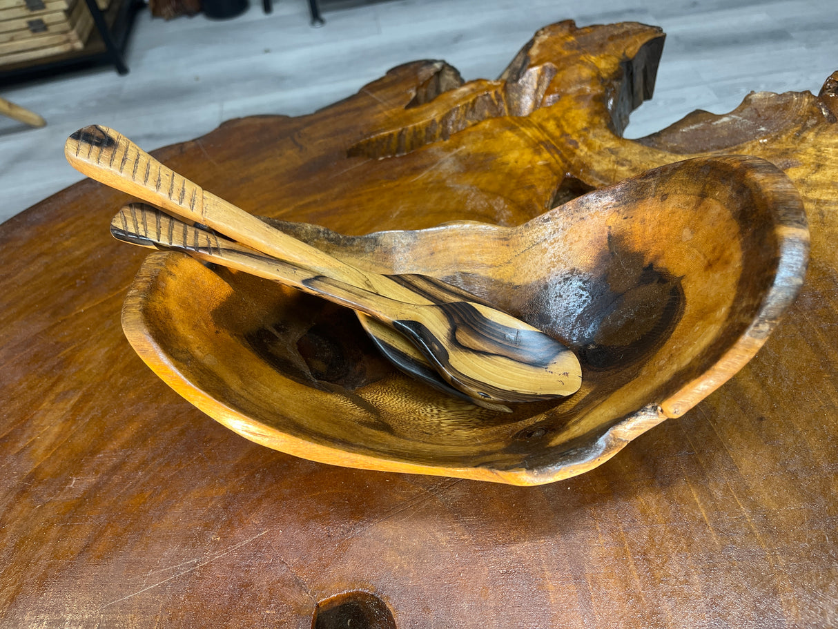 Broken Egg Design Handmade Wooden Salad / Serving Bowl with Serving Fork and Spoon