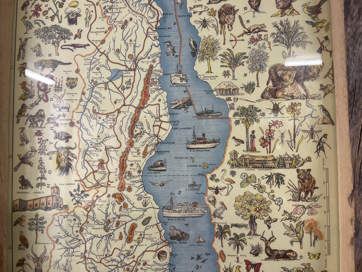 Detailed Map Drawing of Malawi framed on reclaimed Canoe Wood from Lake Malawi