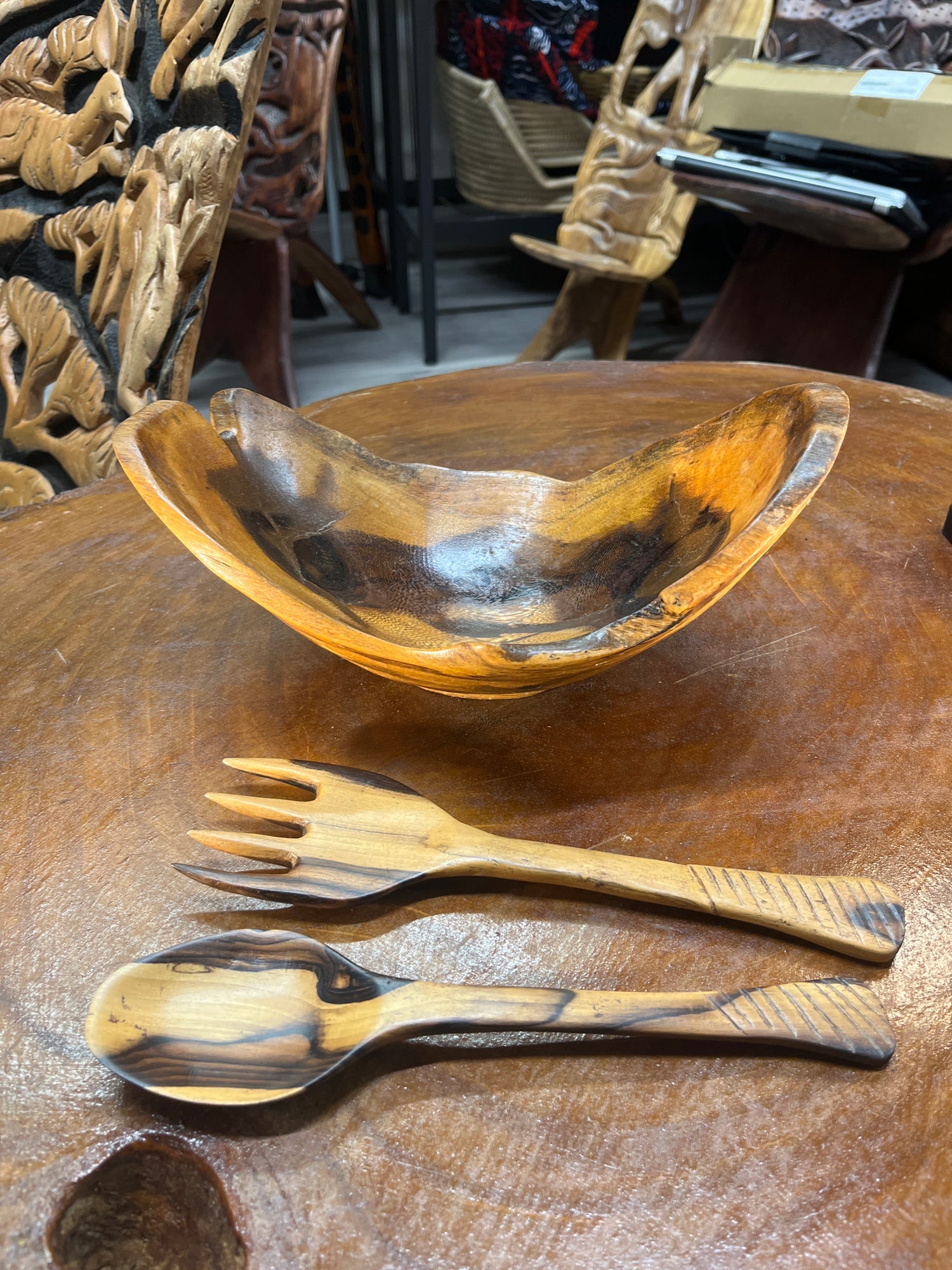 Broken Egg Design Handmade Wooden Salad / Serving Bowl with Serving Fork and Spoon